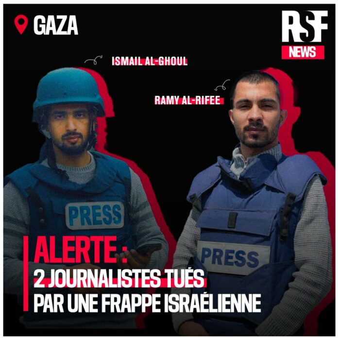 Victimes d'une frapp israélienne sur leur voiture presse ds le camp d'Al-Shati alors qu'ils étaient en reportage, les reporters d' @AlJazeera Ismail al-Ghoul & Ramy al-Rifee rejoignent la trop longue liste des journalistes tués à Gaza.